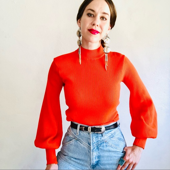 Vintage Tops - 🔥SOLD🔥60s VTG Bright Orange Rib Knit Puff Long Sleeve Mock Turtleneck Shirt